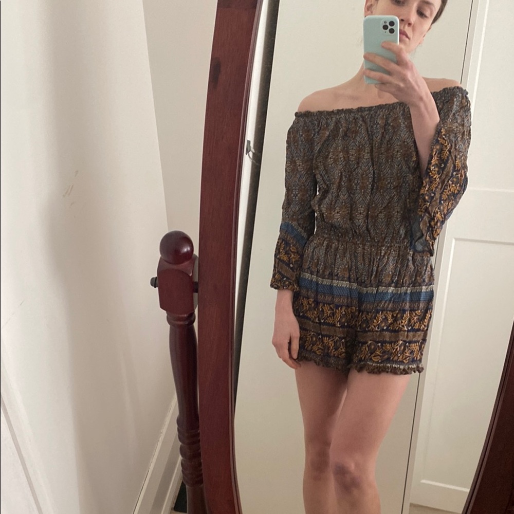Bohemian Off-Shoulder Jumpsuit - Brown and Blue